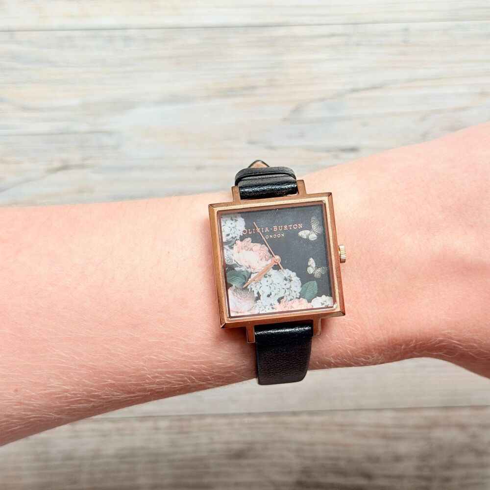 Olivia Burton Signature Florals Square Watch Black Leather Rose Gold Floral Dial